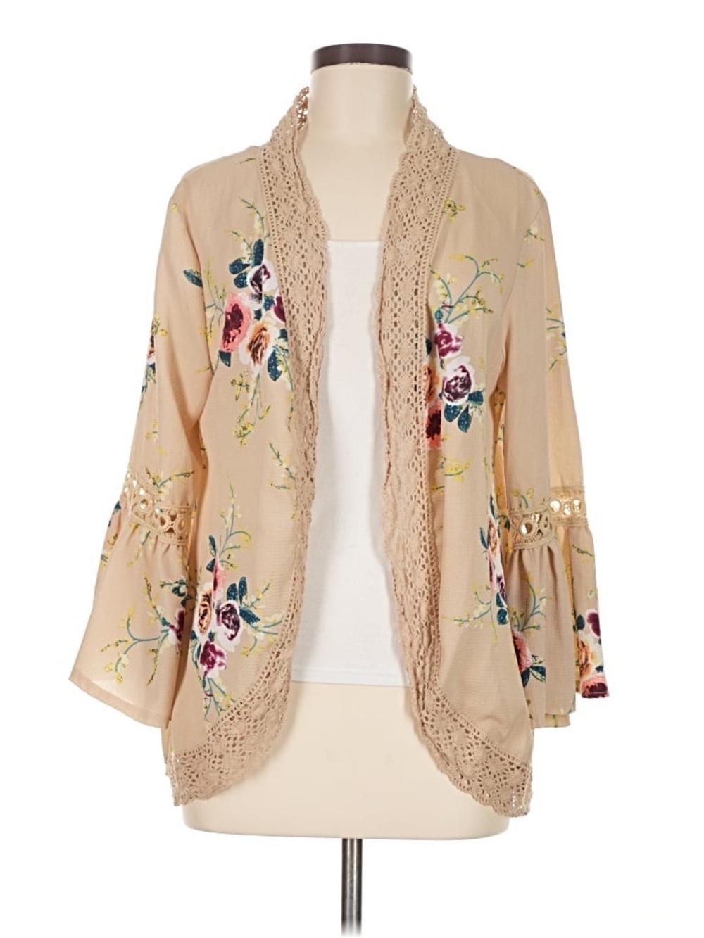 Beige Floral Crochet-Trim Open Cardigan